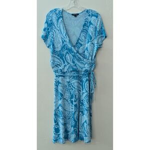 Lands' End Women's Jersey Knit Wrap Dress Large Blue Paisley Cap Sleeve Belt